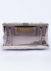 silver grey rectangular shaped embroidered sling clutch only on kalki