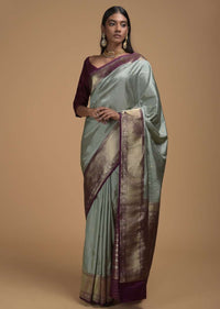 Silver Grey Saree In Pure Handloom Silk With Woven Floral Buttis And Purple Border Online - Kalki Fashion