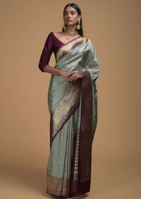 Silver Grey Saree In Pure Handloom Silk With Woven Floral Buttis And Purple Border Online - Kalki Fashion