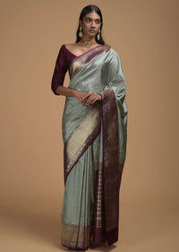 Silver Grey Saree In Pure Handloom Silk With Woven Floral Buttis And Purple Border Online - Kalki Fashion