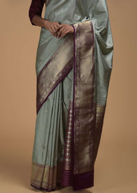 Silver Grey Saree In Pure Handloom Silk With Woven Floral Buttis And Purple Border Online - Kalki Fashion