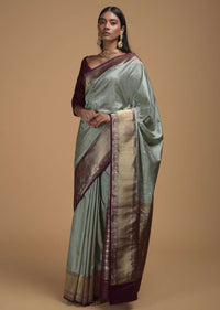 Silver Grey Saree In Pure Handloom Silk With Woven Floral Buttis And Purple Border Online - Kalki Fashion