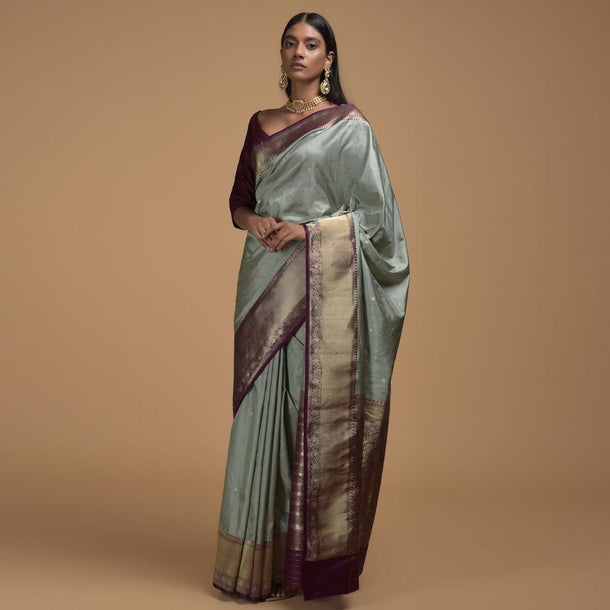 Silver Grey Saree In Pure Handloom Silk With Woven Floral Buttis And Purple Border Online - Kalki Fashion