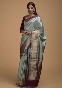 Silver Grey Saree In Pure Handloom Silk With Woven Floral Buttis And Purple Border Online - Kalki Fashion