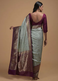 Silver Grey Saree In Pure Handloom Silk With Woven Floral Buttis And Purple Border Online - Kalki Fashion