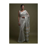 Silver Grey Saree In Zari Kota Silk With Kundan Work In Floral Pattern On The Pallu Online - Kalki Fashion