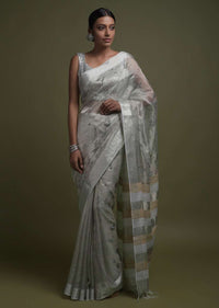 Silver Grey Saree In Zari Kota Silk With Kundan Work In Floral Pattern On The Pallu Online - Kalki Fashion