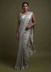 Silver Grey Saree In Zari Kota Silk With Kundan Work In Floral Pattern On The Pallu Online - Kalki Fashion