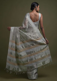 Silver Grey Saree In Zari Kota Silk With Kundan Work In Floral Pattern On The Pallu Online - Kalki Fashion