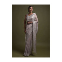 Silver Grey Saree In Zari Kota Silk With Kundan Work In Gradient Butti Pattern Online - Kalki Fashion