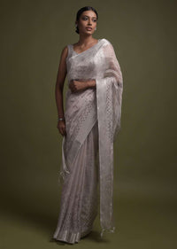 Silver Grey Saree In Zari Kota Silk With Kundan Work In Gradient Butti Pattern Online - Kalki Fashion
