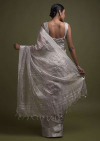 Silver Grey Saree In Zari Kota Silk With Kundan Work In Gradient Butti Pattern Online - Kalki Fashion