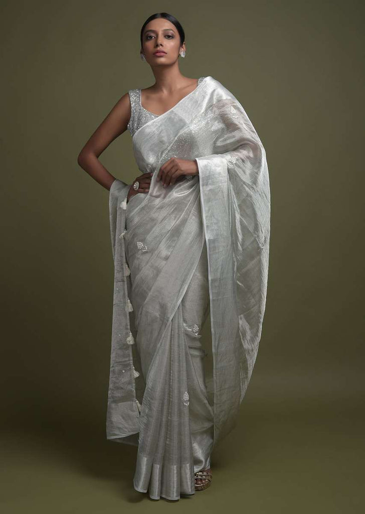 Silver Grey Saree In Zari Kota Silk With Pearl And Cut Dana Embellished Floral Buttis Online - Kalki Fashion