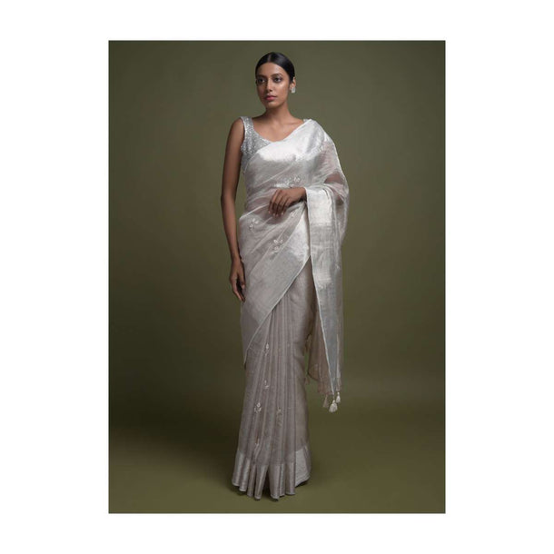 Silver Grey Saree In Zari Kota Silk With Pearl And Cut Dana Embellished Leaf Buttis Online - Kalki Fashion