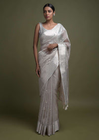 Silver Grey Saree In Zari Kota Silk With Pearl And Cut Dana Embellished Leaf Buttis Online - Kalki Fashion