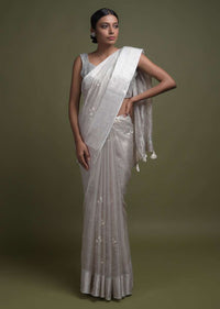 Silver Grey Saree In Zari Kota Silk With Pearl And Cut Dana Embellished Leaf Buttis Online - Kalki Fashion