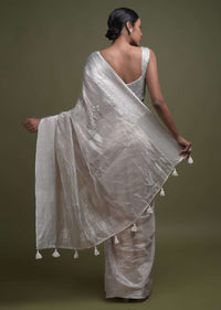 Silver Grey Saree In Zari Kota Silk With Pearl And Cut Dana Embellished Leaf Buttis Online - Kalki Fashion