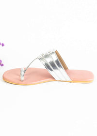 Silver Kolhapuri Flats With Nude Pink Sole  By Sole House