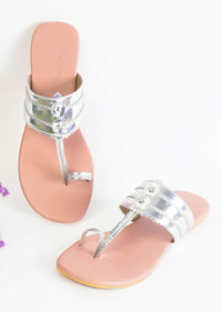 Silver Kolhapuri Flats With Nude Pink Sole  By Sole House