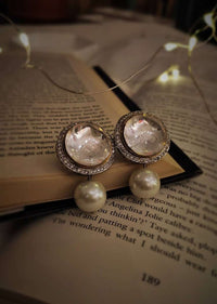 Silver Moon Shaped Kundan Studs With Suspended High Grade Shell Pearl By Paisley Pop