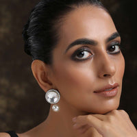 Silver Moon Shaped Kundan Studs With Suspended High Grade Shell Pearl By Paisley Pop