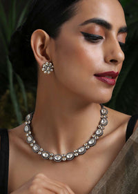 Silver Necklace Set With Victorian Inspired Polki And Cubic Zirconia Work Worthy Of A Fairytale By Paisley Pop