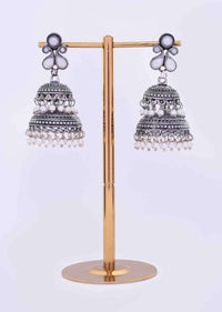 Silver oxidized double layer jhumkas with white nano moti drops only on Kalki