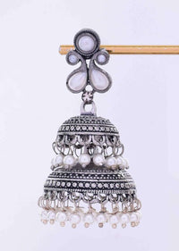 Silver oxidized double layer jhumkas with white nano moti drops only on Kalki