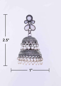 Silver oxidized double layer jhumkas with white nano moti drops only on Kalki