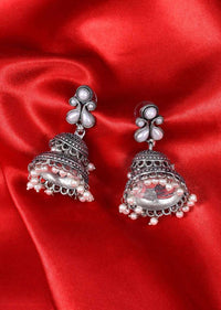 Silver oxidized double layer jhumkas with white nano moti drops only on Kalki