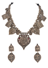 Silver Oxidized Ethnic Boho Necklace Set In Mix Metal