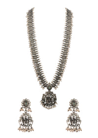 Silver Oxidized Ethnic Necklace Set In Mix Metal