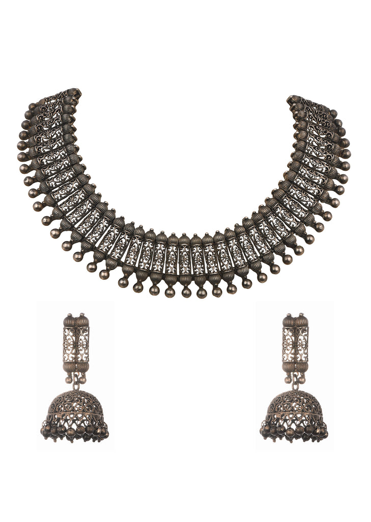 Silver Oxidized Necklace Set In Mix Metal Kalki