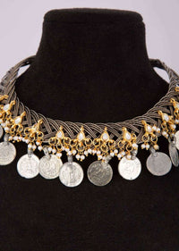 Silver plated adjustable chocker necklace with circular disc at the edges only on Kalki