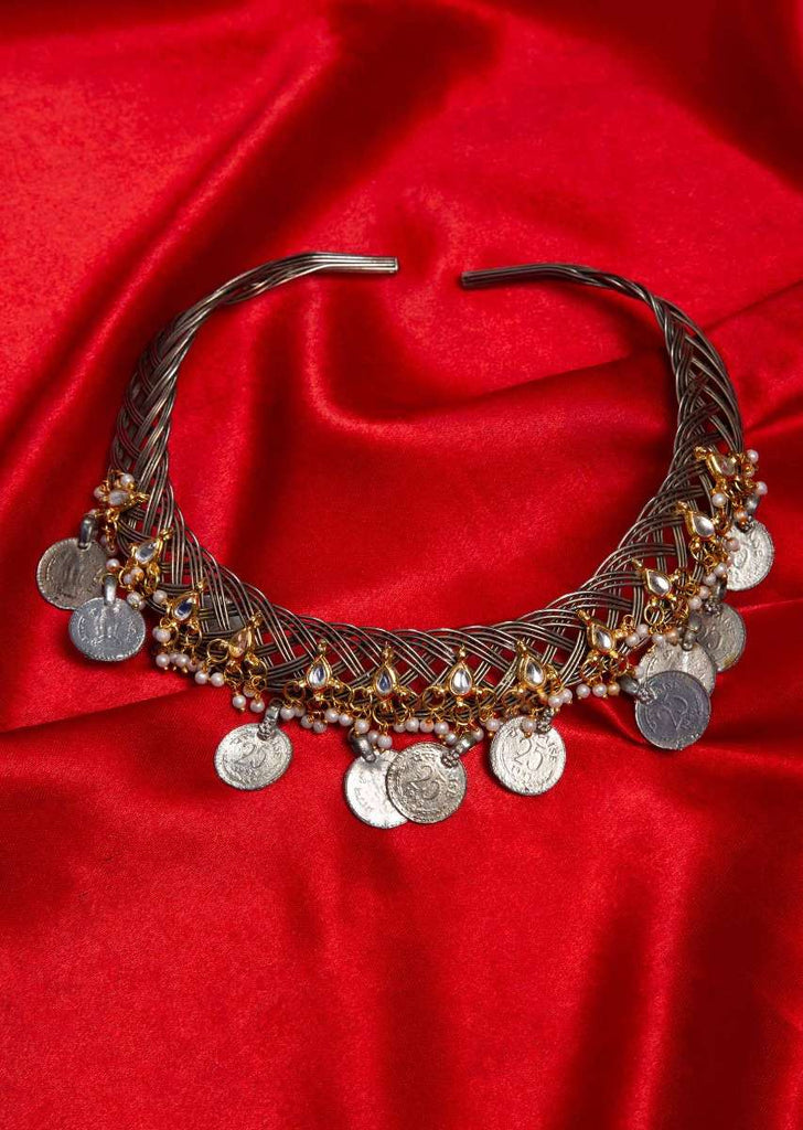 Silver plated adjustable chocker necklace with circular disc at the edges only on Kalki