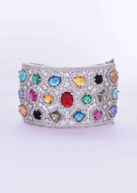 Silver plated diamond studded kada adorn with navratna stones only on Kalki