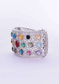 Silver plated diamond studded kada adorn with navratna stones only on Kalki