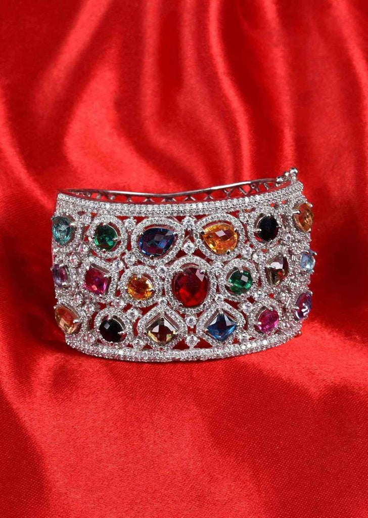 Silver plated diamond studded kada adorn with navratna stones only on Kalki