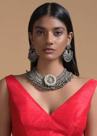 Silver Plated Earrings In Authentic Tribal Look Studded With Stones And Dangling Metal Beads