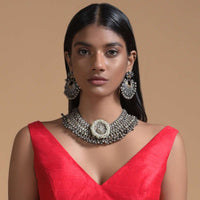 Silver Plated Earrings In Authentic Tribal Look Studded With Stones And Dangling Metal Beads