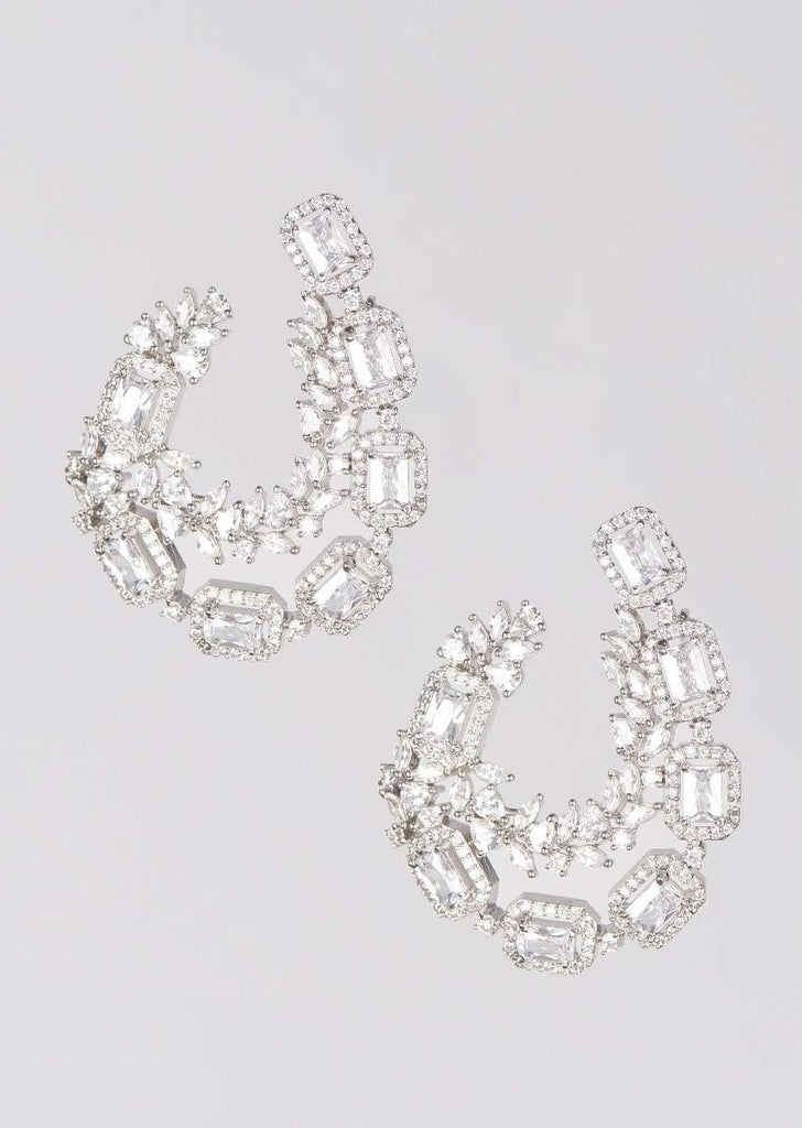 Silver Plated Earrings With Crystals And Stone In Leaf And Geometric Pattern Online - Kalki Fashion