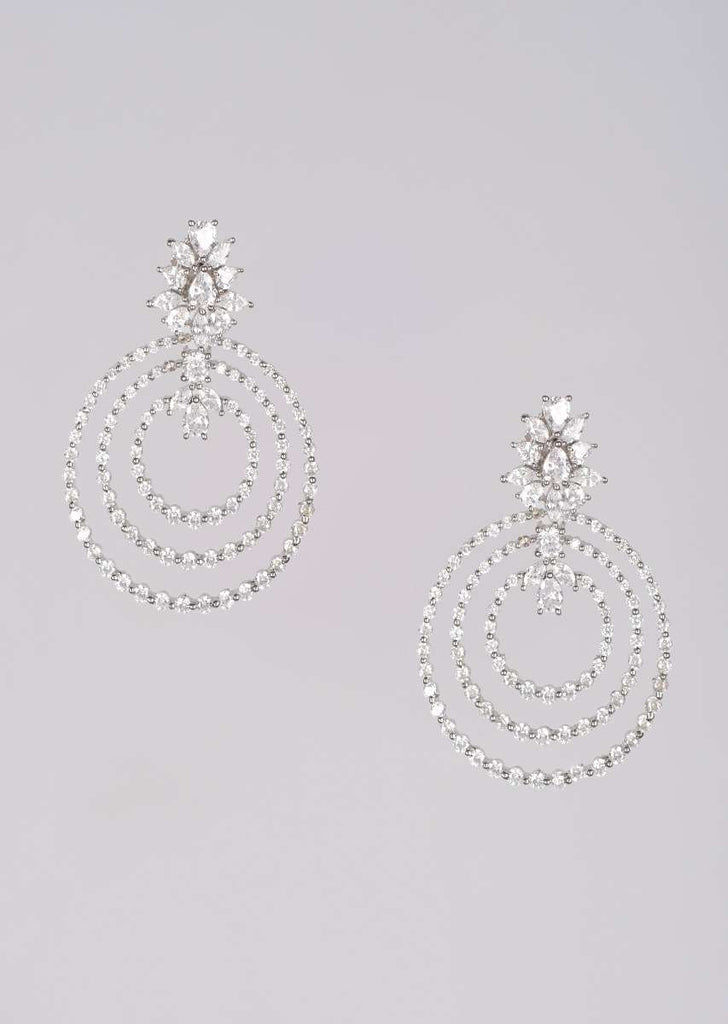 Silver Plated Earrings With Stones In Concentric Circles And Floral Pattern Online - Kalki Fashion