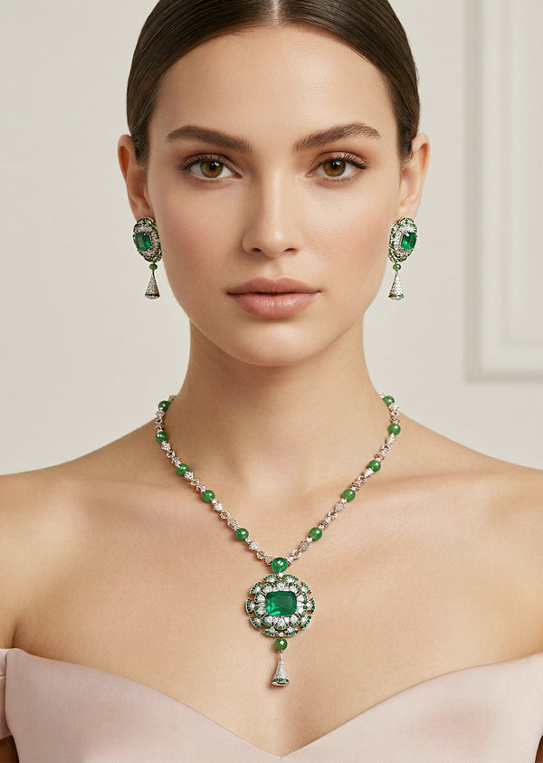 Silver Plated Green Zircon Long Necklace Set With Earrings