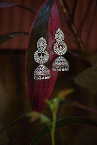 Silver Plated Jhumkas Studded With Stones In Ethnic And Crescent Motifs