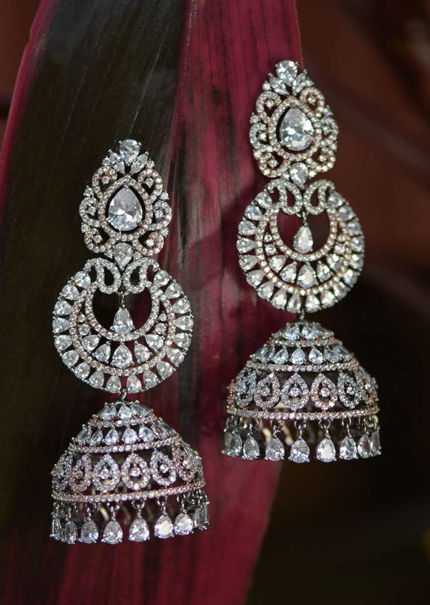 Silver Plated Jhumkas Studded With Stones In Ethnic And Crescent Motifs