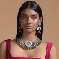 Silver Plated Necklace In Authentic Tribal Look With Pearls And Temple Work