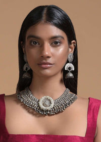 Silver Plated Necklace In Authentic Tribal Look With Pearls And Temple Work