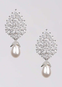 Silver Plated Studs With Crystals In Leaf Motif Along With Dangling Pearl Online - Kalki Fashion