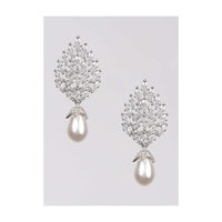 Silver Plated Studs With Crystals In Leaf Motif Along With Dangling Pearl Online - Kalki Fashion