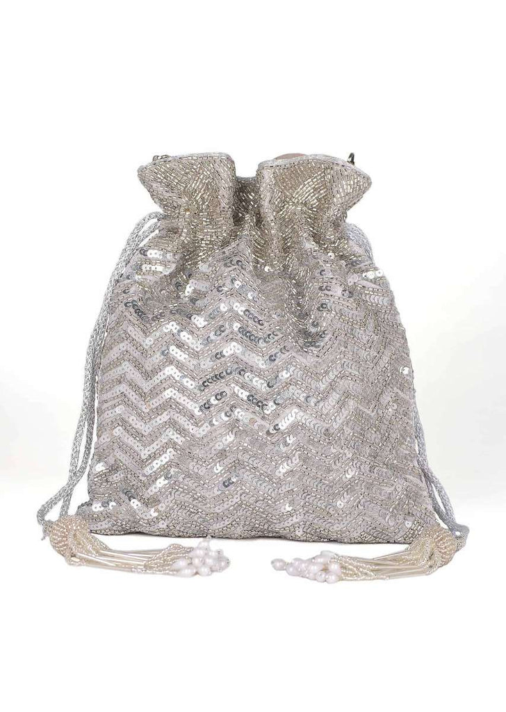 Silver Potli Bag With Embellished Chevron Pattern Online - Kalki Fashion